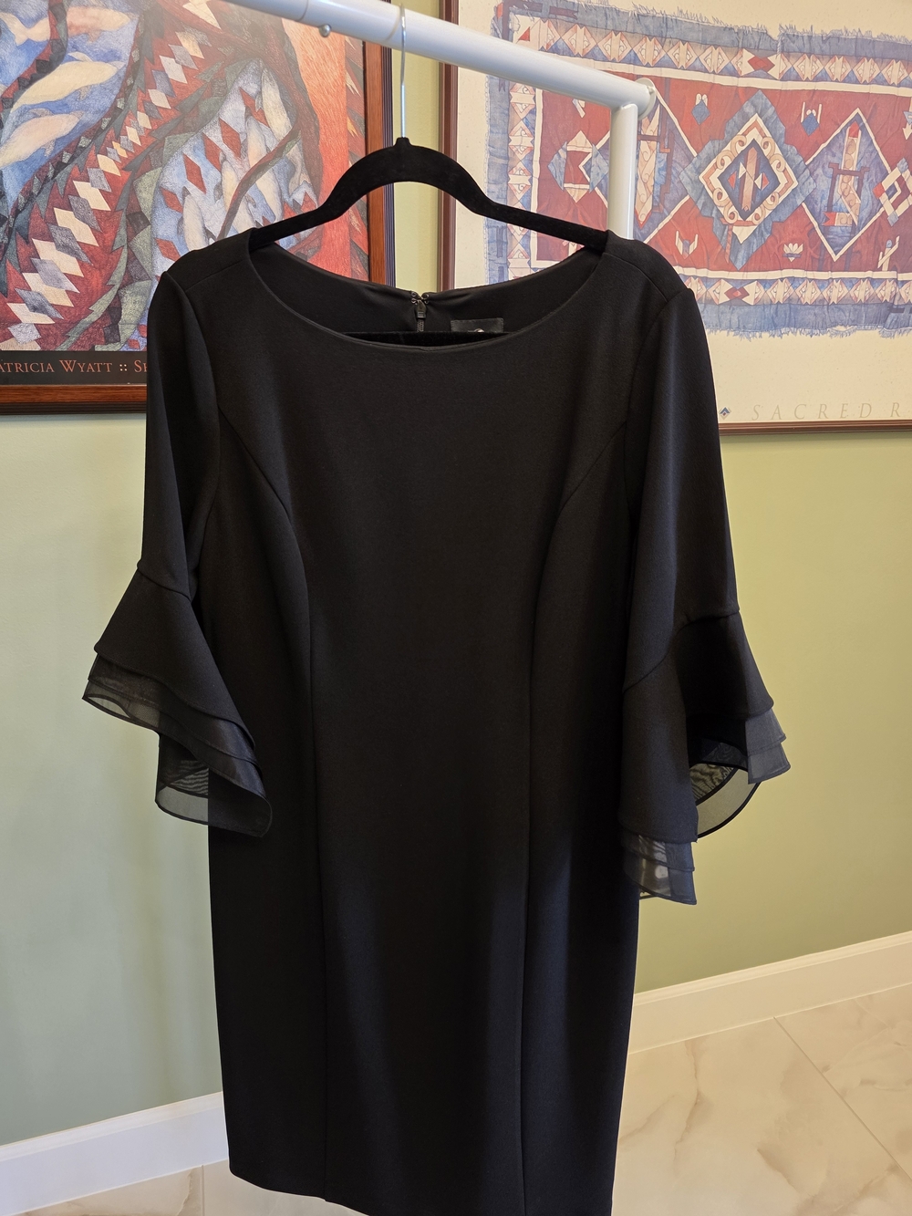 Adrianna Papell Black Midi Shift Dress with Layered Chiffon Ruffle Sleeves